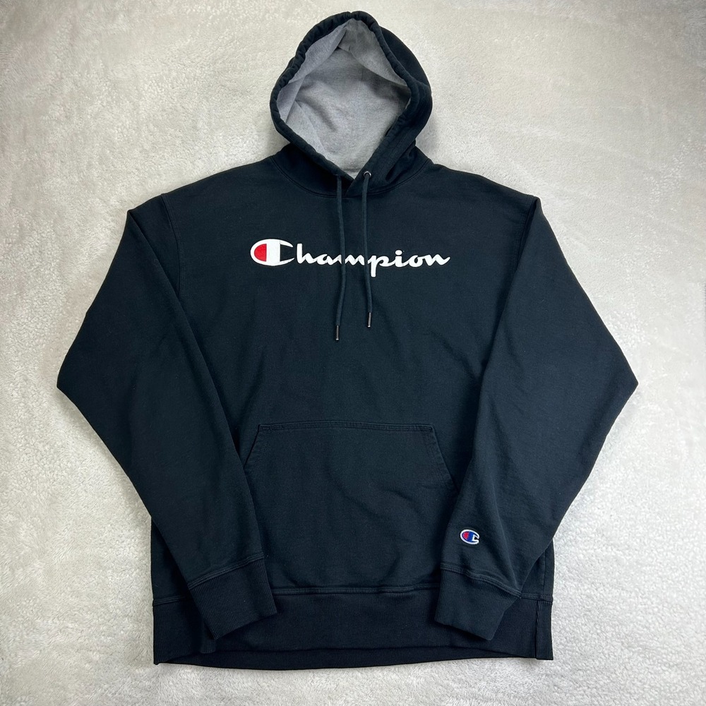 Champion Hoodie Mens L Black Script Logo Graphic Fleece Pullover Long Sleeve